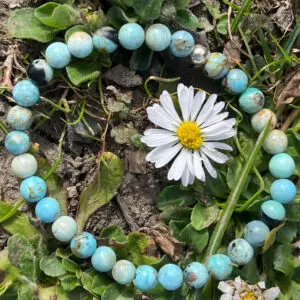 Der Untergrund ist eine Wiese mit Blumen. Darauf ist ein blaues Armband.
