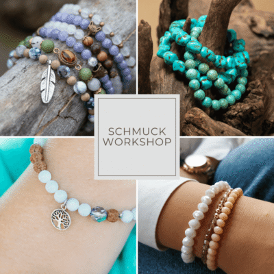 Auf dem Bild hat es vier Teile. Auf jedem Bild sind verschiedene Armbänder. In der Mitte steht: Schmuck-Workshop.