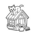 Auf dem Bild sieht man ein Motiv aus einem Malbuch. Darauf ist ein Gartenhäuschen und eine Katze darauf. KI-generiertes Bild.