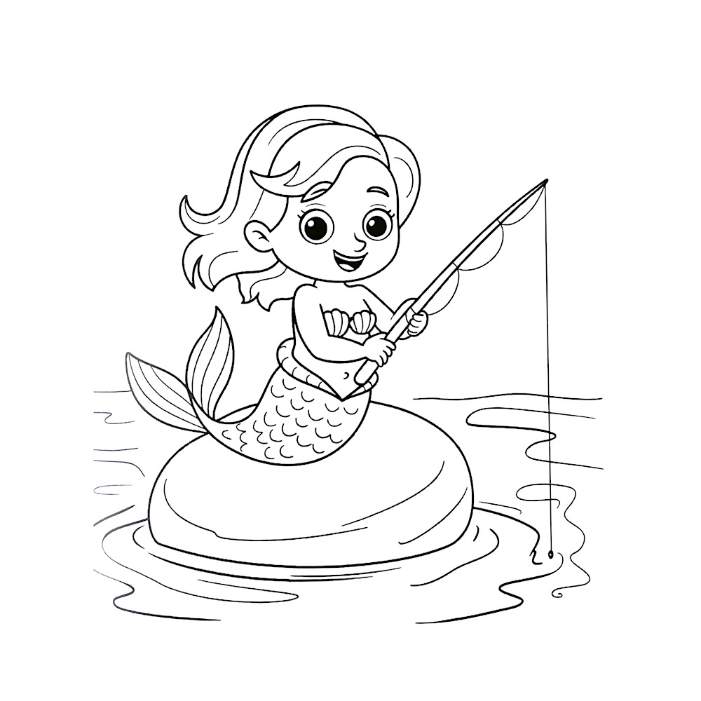 Auf dem Bild sieht man ein Motiv aus einem Malbuch. Darauf ist eine Meerjungfrau auf einem Stein. KI-generiertes Bild.