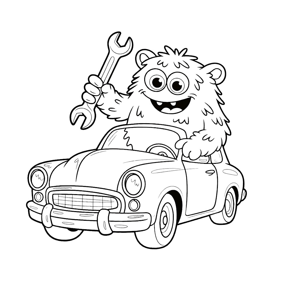 Auf dem Bild sieht man ein Motiv aus einem Malbuch. Es ist ein süsses Monster in einem Auto. Es hat einen grossen Gabelschlüssel in der Hand. KI-generiertes Bild.