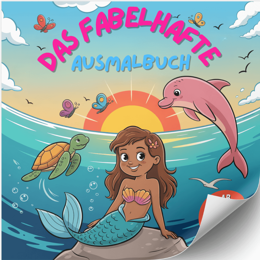 Das Bild ist ein Mockup von einem Malbuch. Darauf ist eine Meerjungfrau, ein springender Delfin und eine Wasserschildkröte. Die Meerjungfrau sitzt auf einem Felsen. Rundherum ist Ozean. KI-generiert.