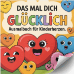 Mockup von einem Malbuch. Darauf sind viele bunte, lächelnde Herzen. Der Titel ist in bunten Buchstaben geschrieben. Darauf steht: Das mal dich glücklich Ausmalbuch für Kinderherzen.
