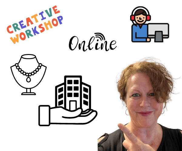 Der Hintergrund ist weiss. Auf der rechten Seite ist ein Bild einer Frau, die auf etwas zeigt. Links hat es viele verschiedene Symbole. Oben links steht bunt geschrieben "Creative workshop".