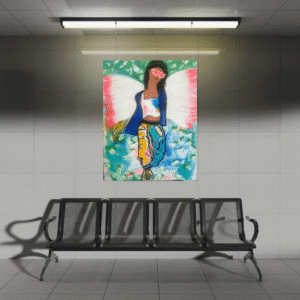 Es ist ein Bild von einer Sitzbank in einem Untergrund. Vielleicht von einer U-Bahn. Die Sitzbank ist schwarz. Oben hat es Lampen. In der Mitte ist ein Bild einer Frau mit Flügel. Sie ist bunt und trägt eine rosarote Sonnenbrille.