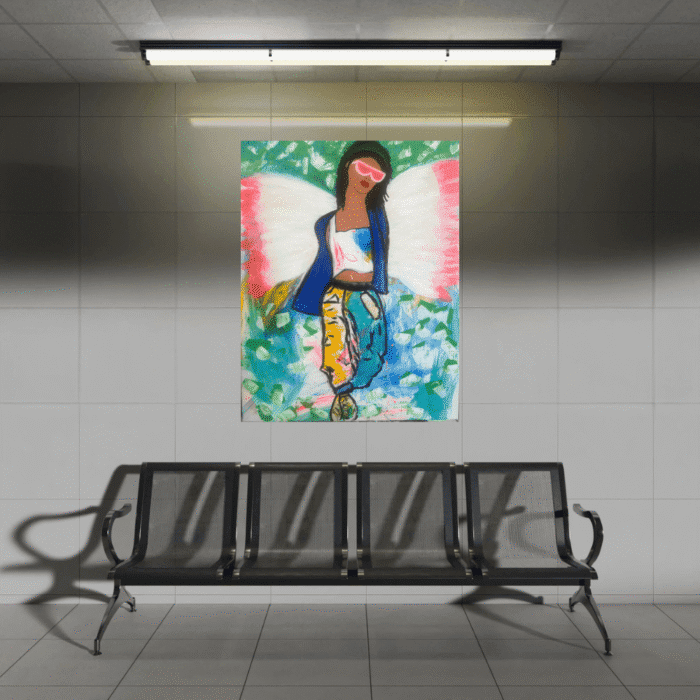 Es ist ein Bild von einer Sitzbank in einem Untergrund. Vielleicht von einer U-Bahn. Die Sitzbank ist schwarz. Oben hat es Lampen. In der Mitte ist ein Bild einer Frau mit Flügel. Sie ist bunt und trägt eine rosarote Sonnenbrille.