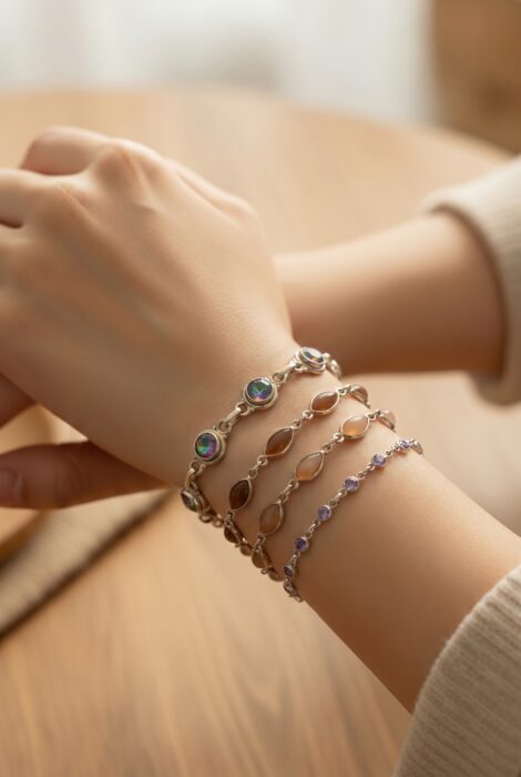KI-generiertes Schmuckbild mit filigranen Armbändern im warmen Editorial-Stil.