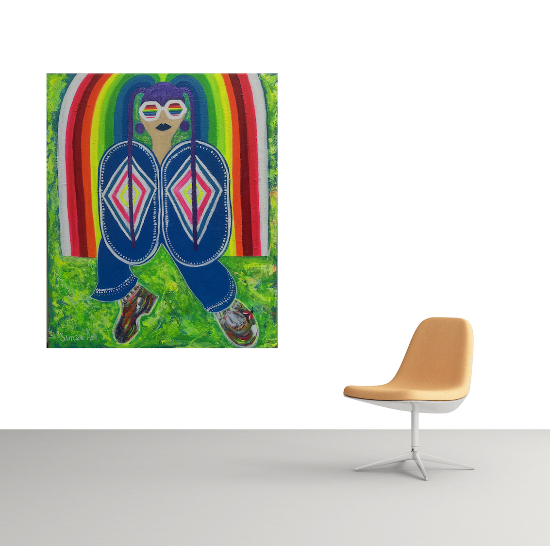 Mockup von einem Kunstbild auf Leinwand. Darauf ist eine Frau die einen Regenbogen über sich hat.