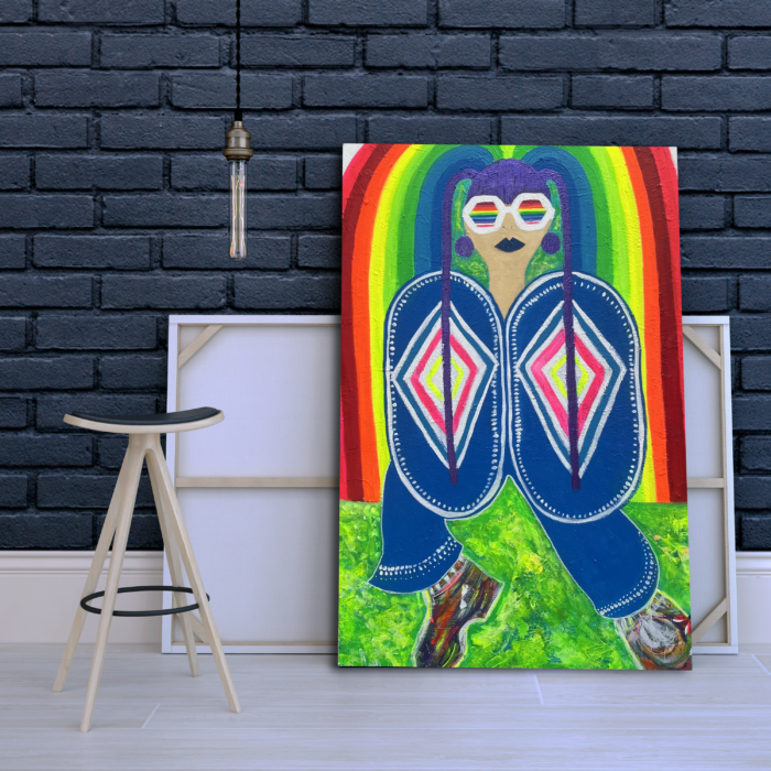 Buntes Soul-Art-Gemälde einer Frau vor einem Regenbogen mit weißer Brille und leuchtend grüner Landschaft.
