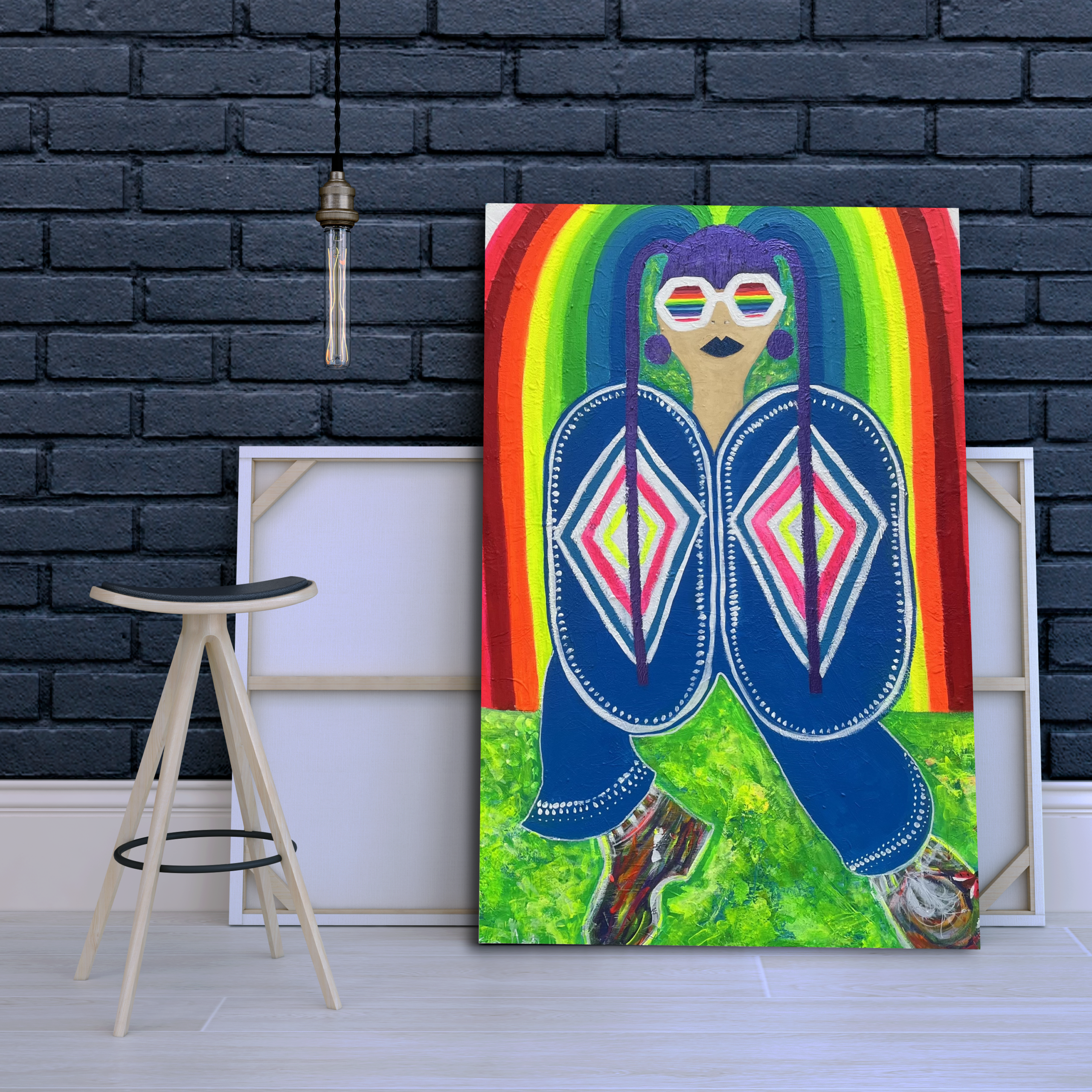 Buntes Soul-Art-Gemälde einer Frau vor einem Regenbogen mit weißer Brille und leuchtend grüner Landschaft.