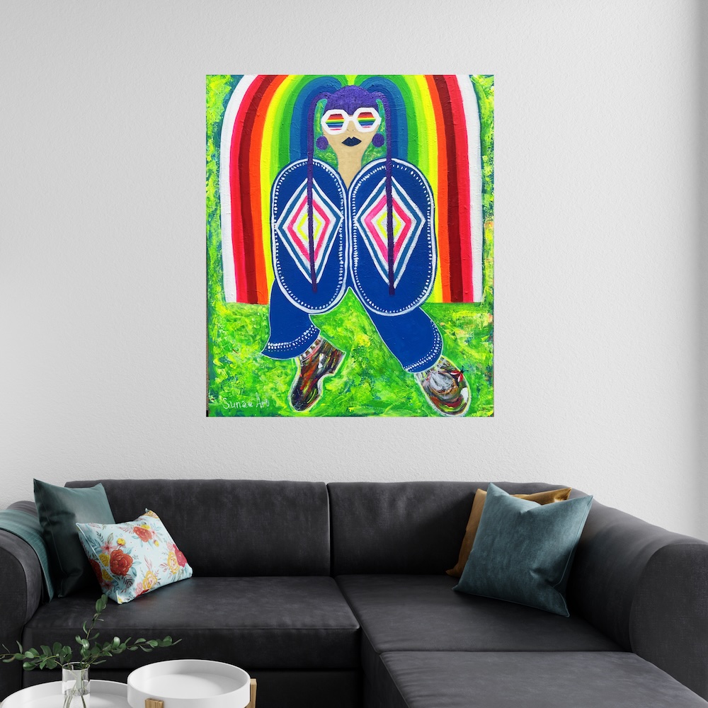 Mockup von einem Kunstbild. Darauf ist eine Frau mit einem Regenbogen.