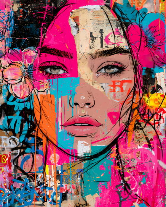 Farbenfrohes Mixed-Media-Porträt einer Frau in Pink, Türkis und Orange mit floralen und urbanen Street-Art-Elementen.