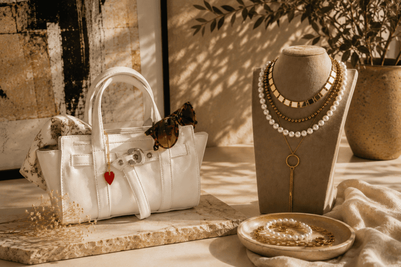 Weisse Handtasche mit Sonnenbrille neben einer Schmuckbüste mit Perlenketten und goldenem Schmuck in einem warmen, stilvollen Atelier-Ambiente.