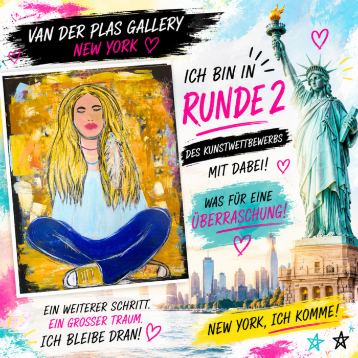 Farbenfrohes Soul-Art-Gemälde einer meditierenden Frau vor leuchtend gelbem Hintergrund, kombiniert mit der Freiheitsstatue und der Skyline von New York.