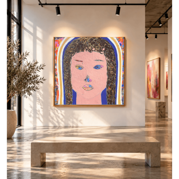 Quadratisches, farbenfrohes Porträtgemälde einer Frau mit dunklen Locken und blauen Augen, ausgestellt an einer hellen Wand in einer modernen Galerie.