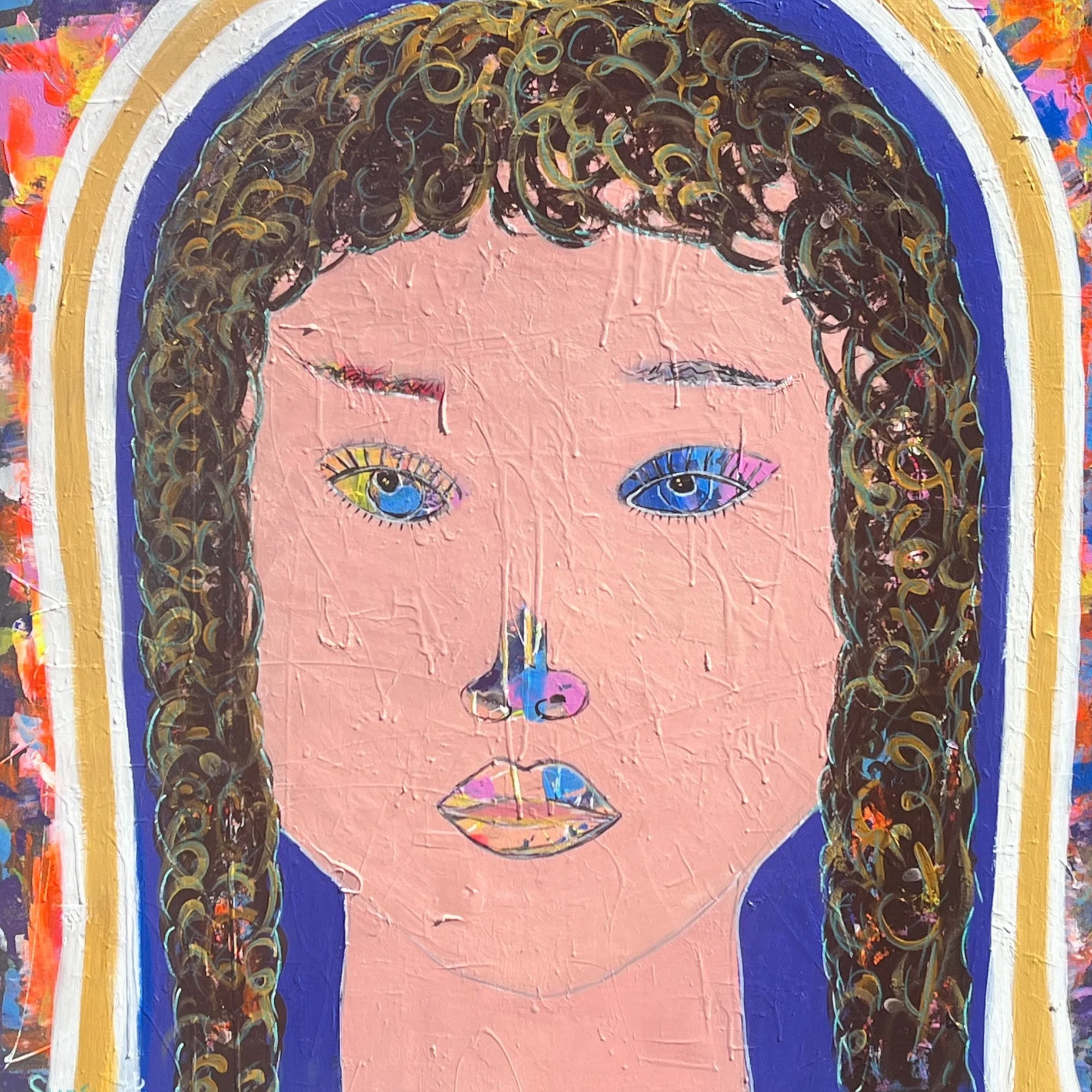 Originalgemälde „Beautiful Soul“ – farbenfrohes Frauenporträt mit dunklen Locken, unterschiedlich farbigen Augen und ausdrucksstarken Details.