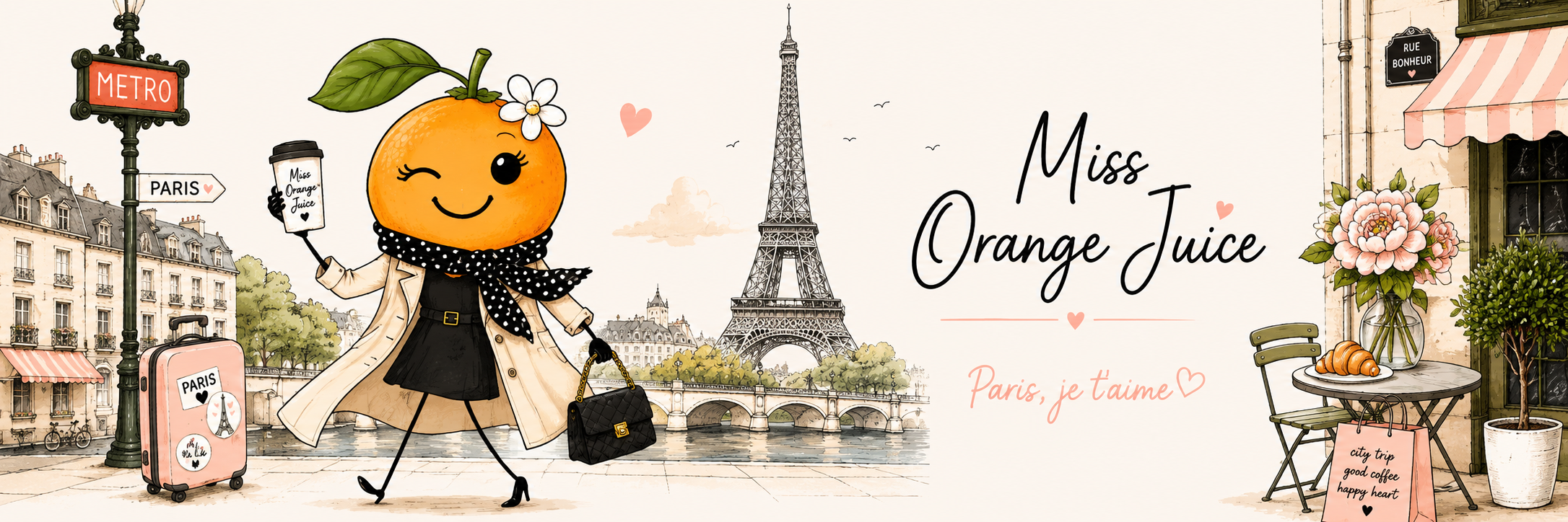 Illustration. Eine Orange als Frau gekleidet spaziert durch Paris. Dahinter sieht man den Eifelturm.