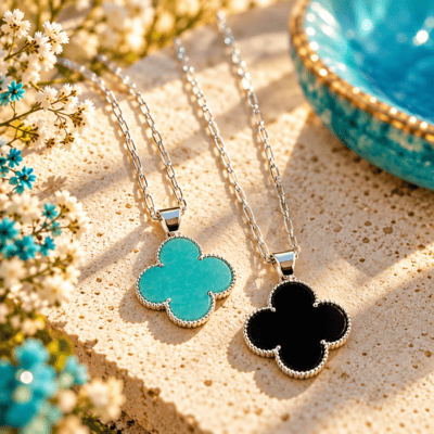 Amazonit und Onyx Anhänger mit Silberkette - handgefertigter Schmuck von Yaëlle.